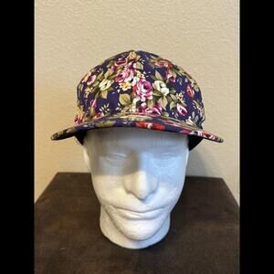 Vtg Floral Snap Back Cap Hat Turquois Pink Souvenir Malibu Hawaiian Tropical EUC